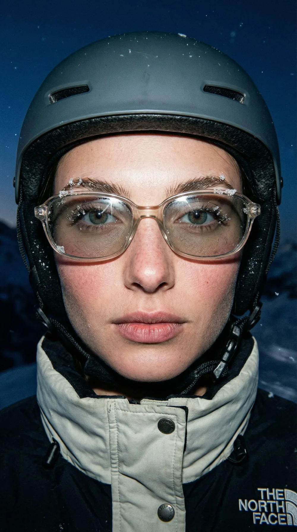 Frau mit Skihelm und klarer Brille mit Schnee auf einem nächtlichen Berg im Winter-Porträt